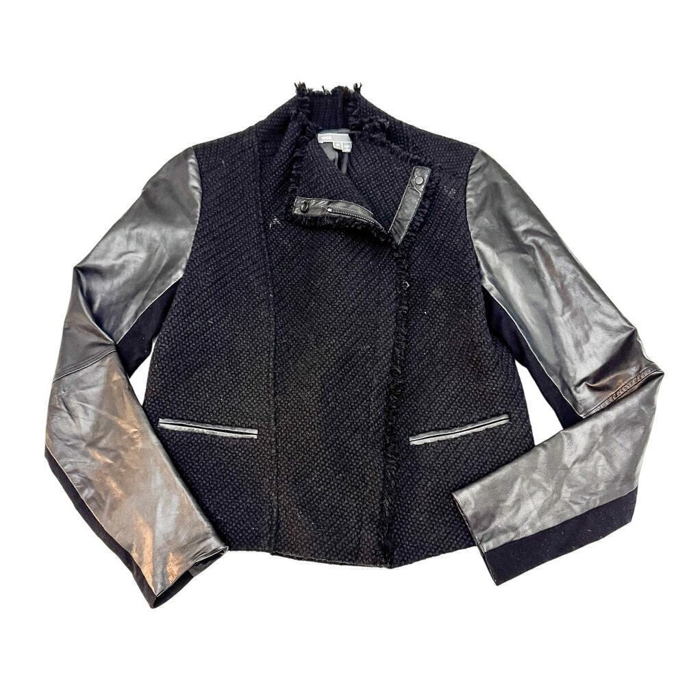 Vince Wool Woven Faux Leather Sleeves Motorcycle Jacket Black Size M MINT